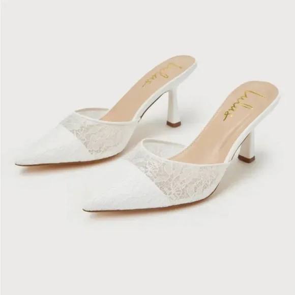Aiza White Lace Pointed-Toe Mule Pumps - Picture 1 of 5